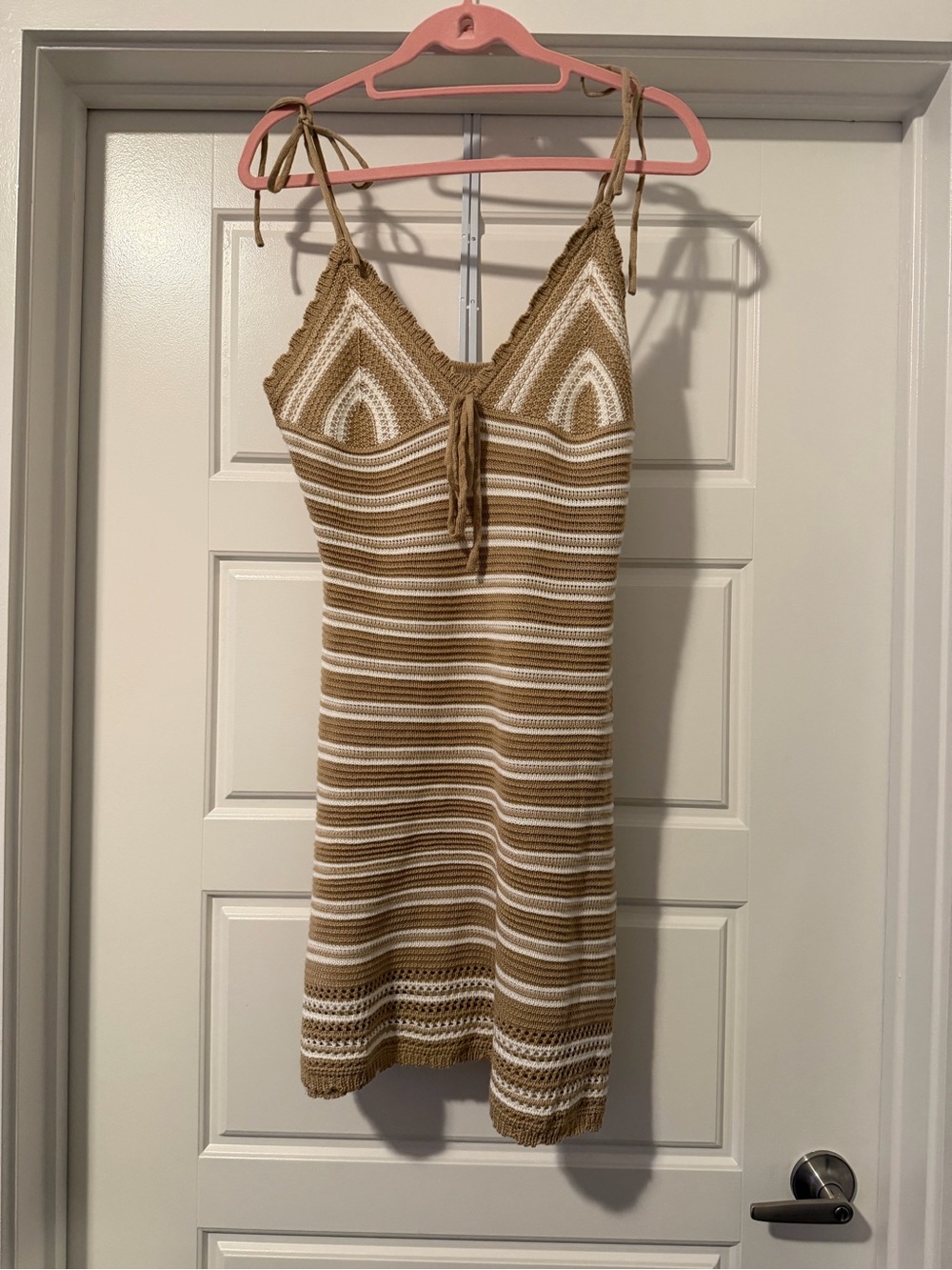 Madden Girl Crochet Striped Tie-Shoulder Mini Dress in Tan & White